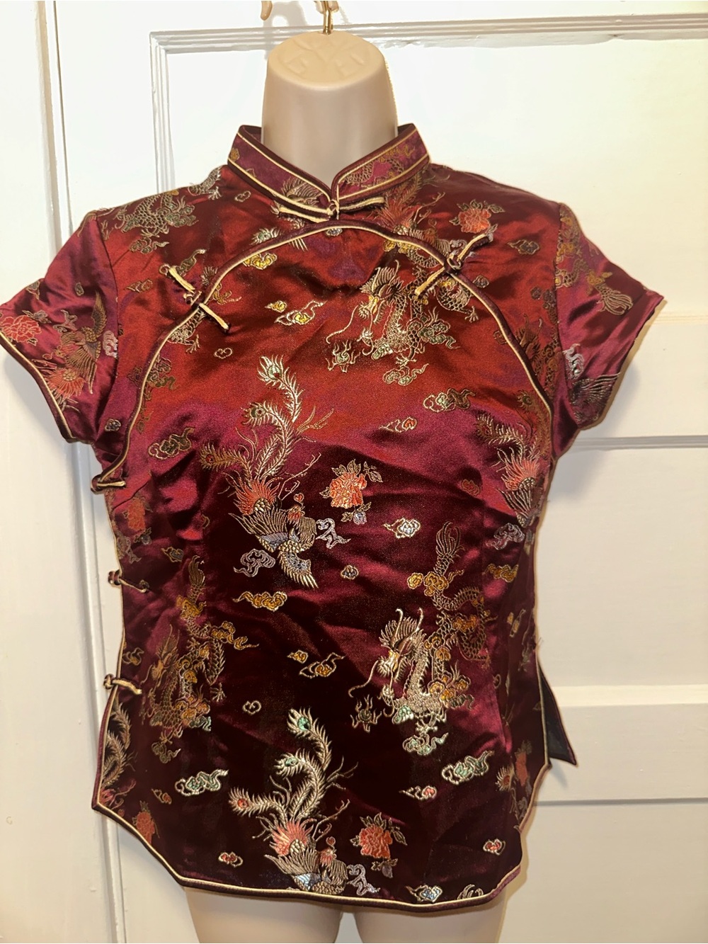 Red Satin Mandarin Collar Floral Embroidered Top
